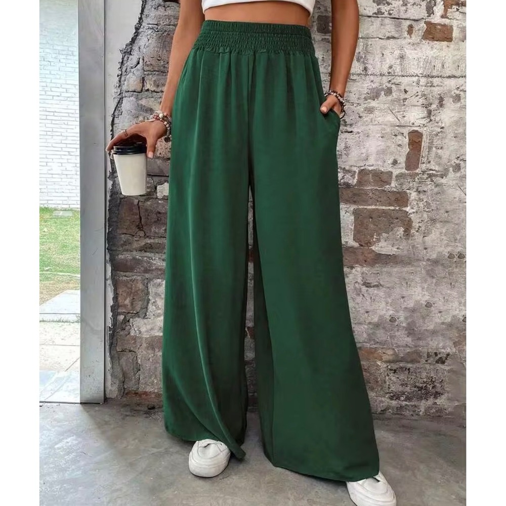 Wide Leg Pants Women L Green Smocked High Waist Palazzo Boho Flowy Office Casual - Picture 1 of 9